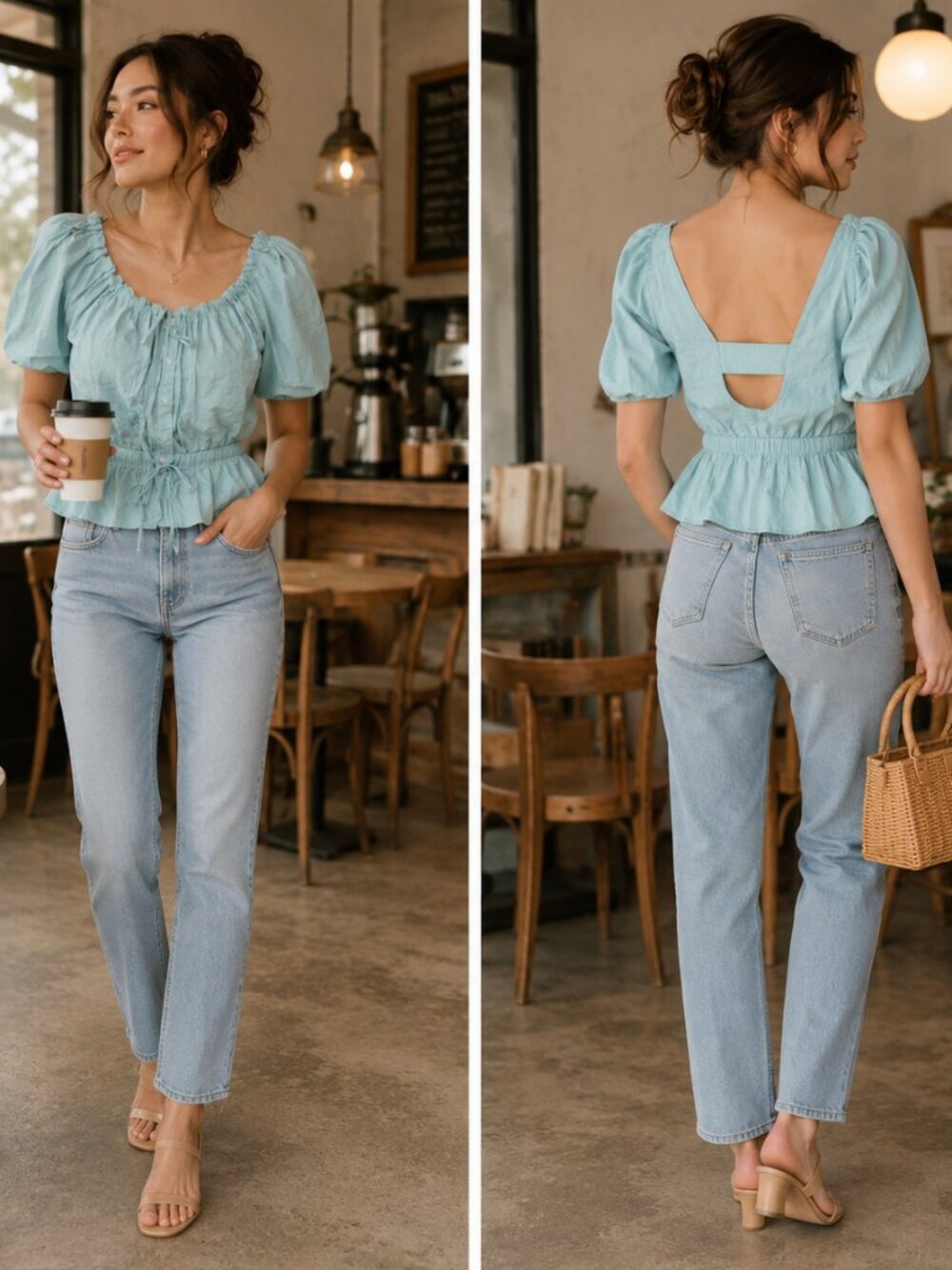 NWOT 7 For All Mankind Blue Puff Sleeve Peplum Blouse Size S
